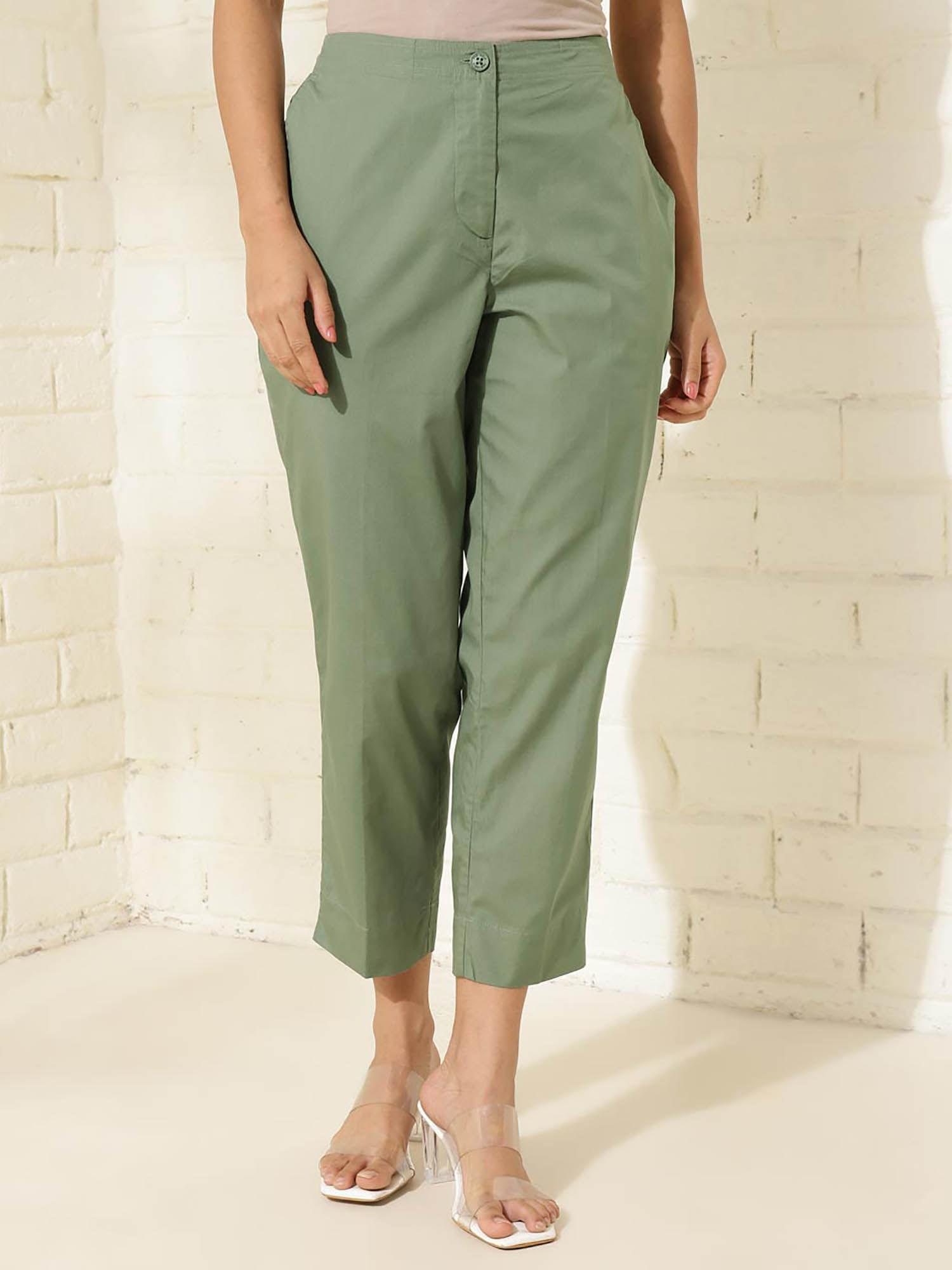 green cotton ankle length slim fit casual pant