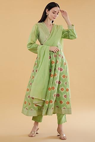 green cotton banarasi floral printed banarasi kurta set