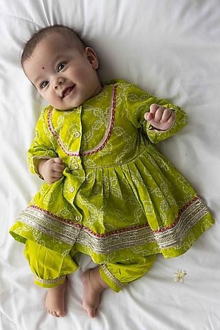 green cotton bandhani printed angrakha set for girls