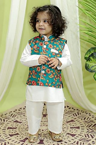 green cotton blend kalamkari printed nehru jacket set for boys