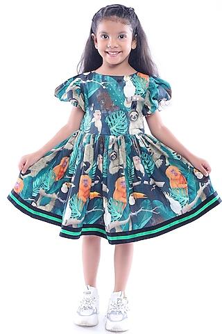 green cotton blend printed & sequins embroidered dress for girls