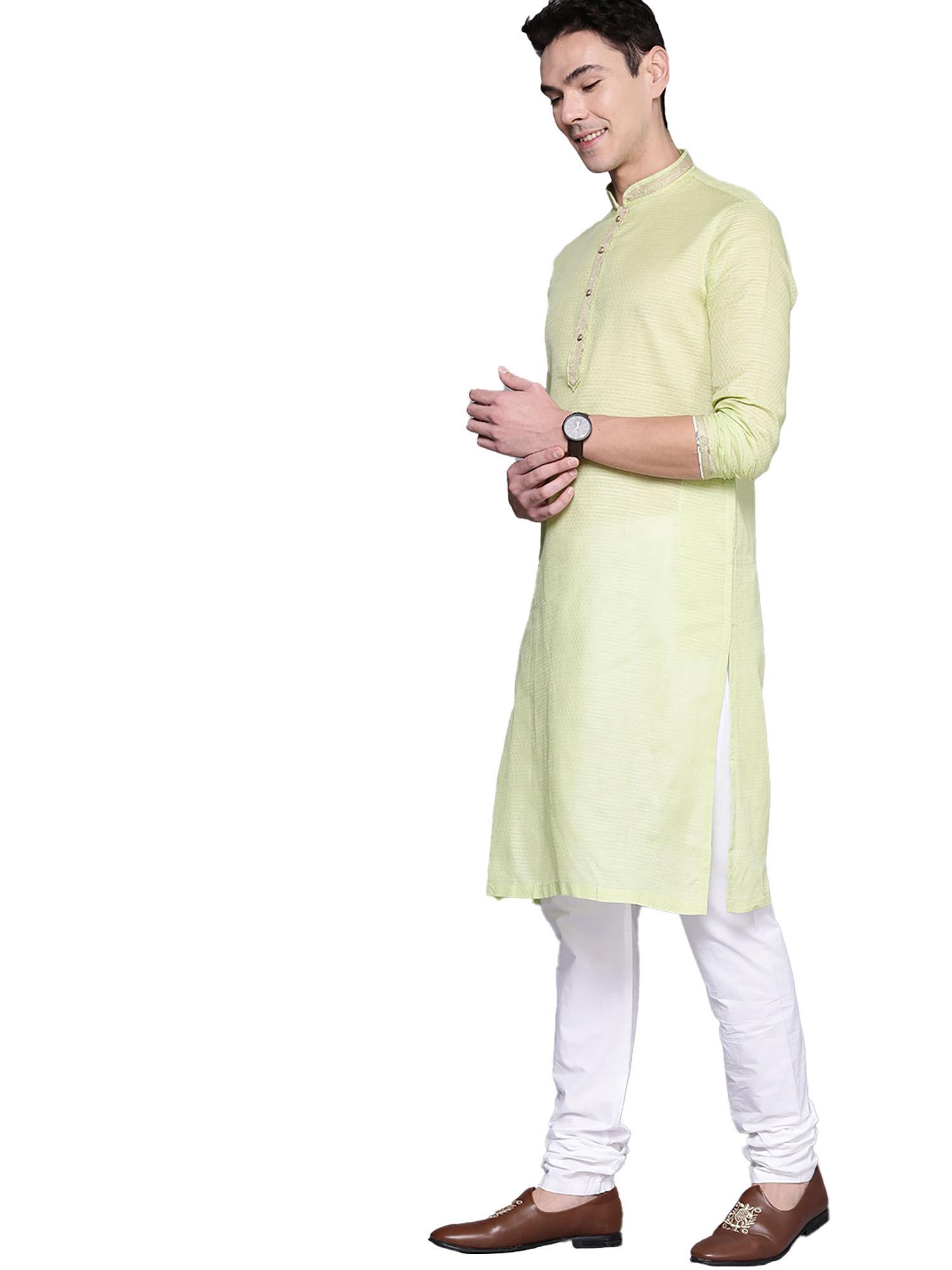 green cotton blend self design kurta churidar (set of 2)