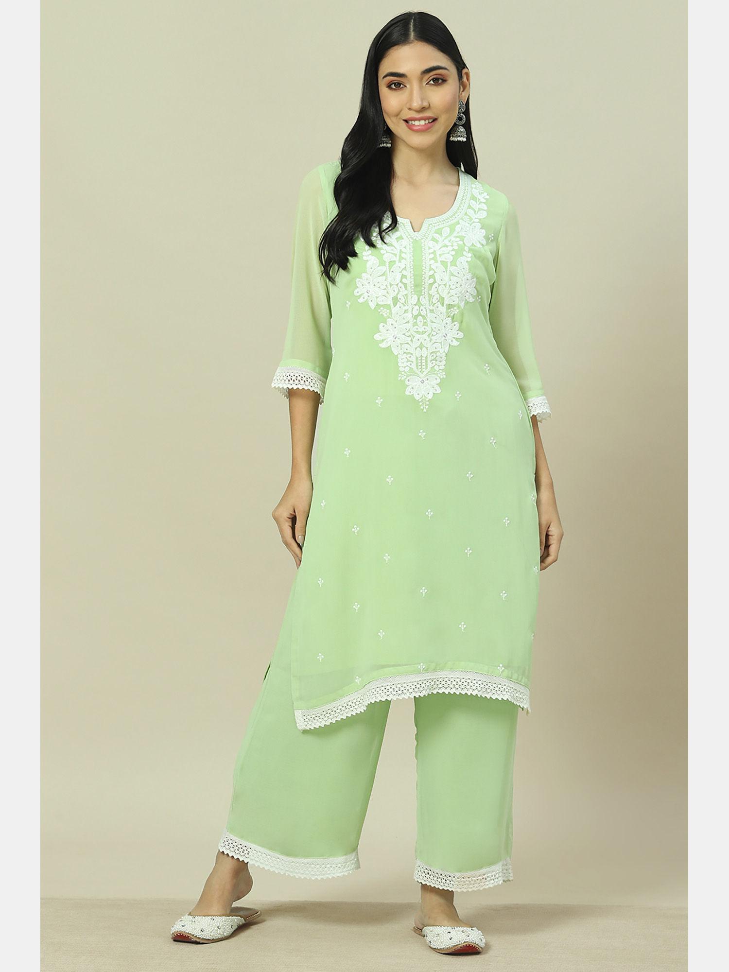 green cotton blend straight kurta