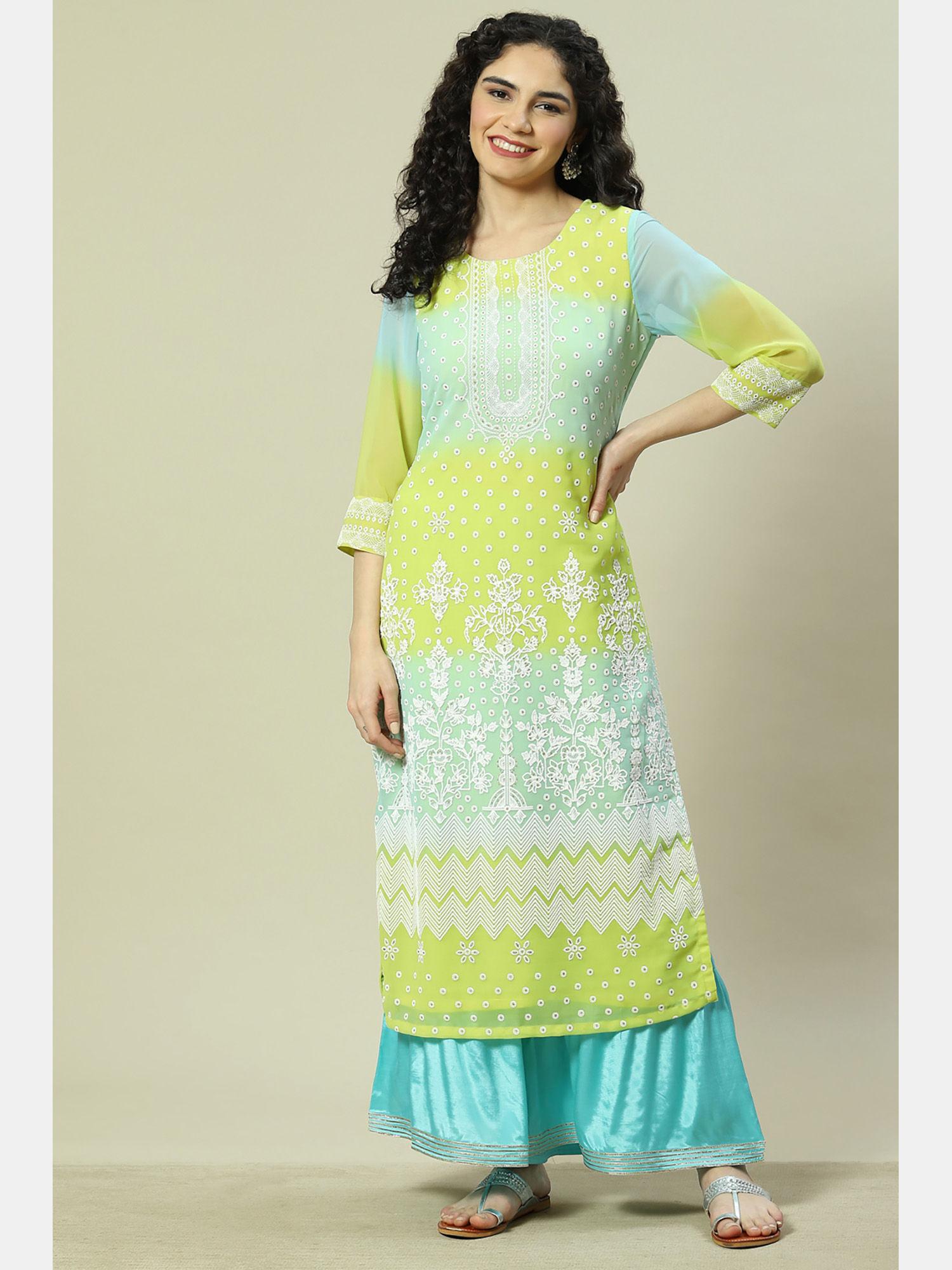 green cotton blend straight kurta