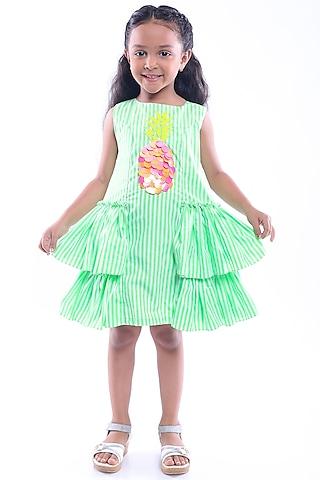 green cotton blend stripe printed & sequins embroidered dress for girls