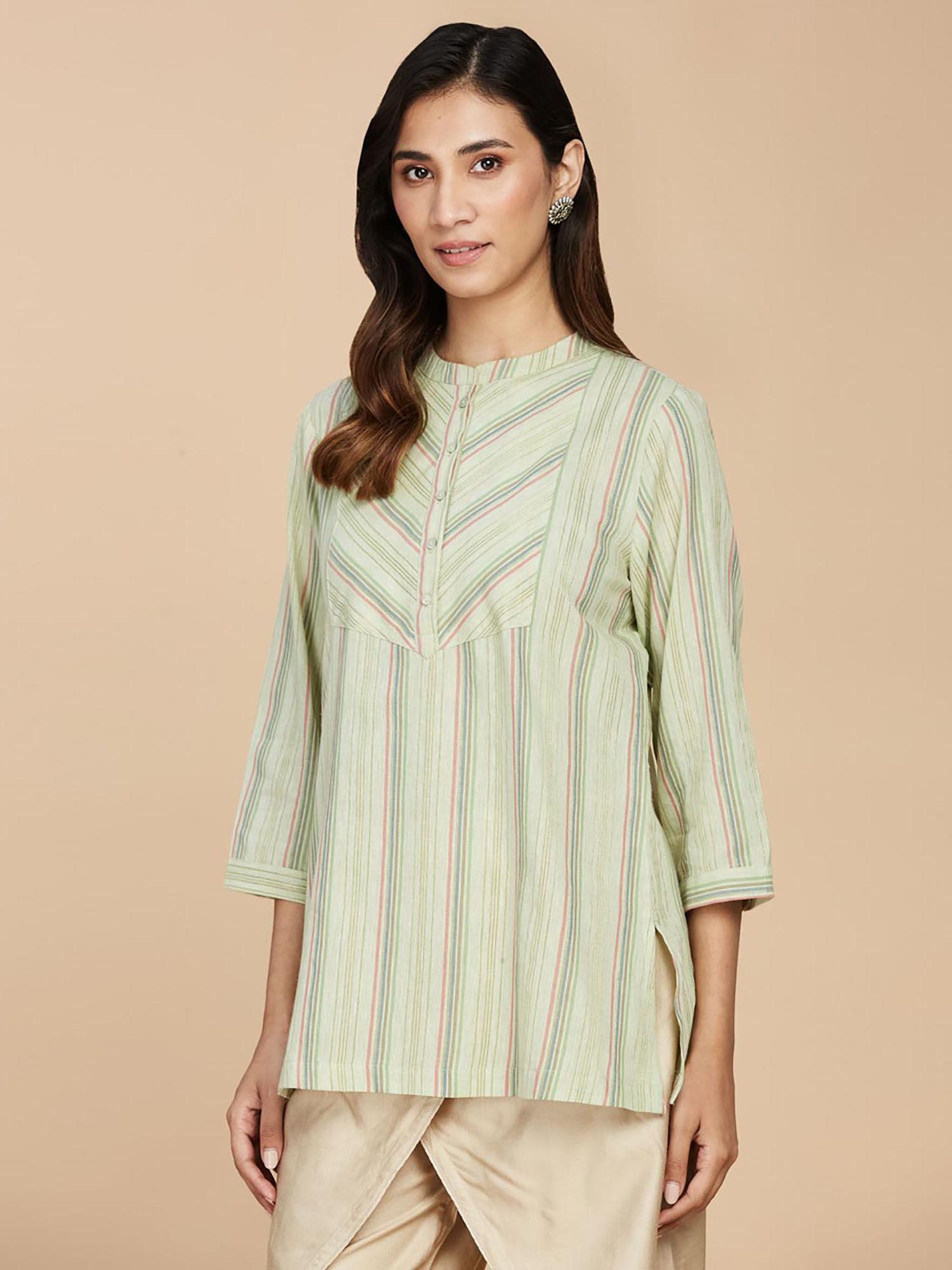 green cotton blend stripes slim fit short kurti