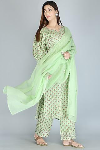 green cotton block printed kurta set