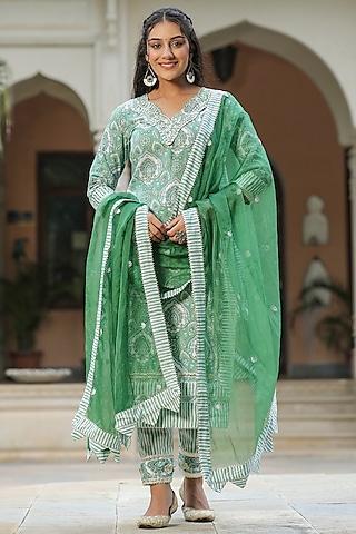 green cotton block printed kurta set