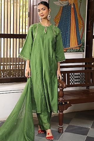 green cotton chanderi aari & sequins work kurta set