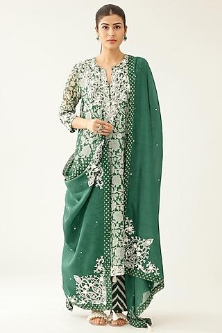 green cotton chanderi printed asymmetrical kurta set