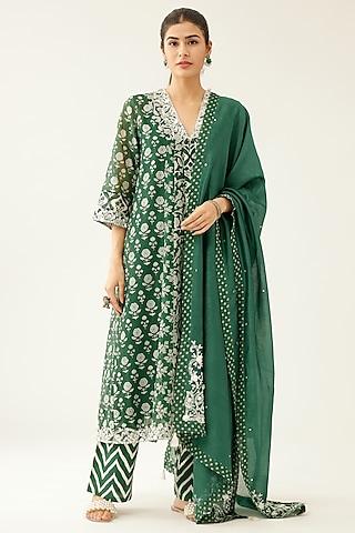 green cotton chanderi printed kurta set