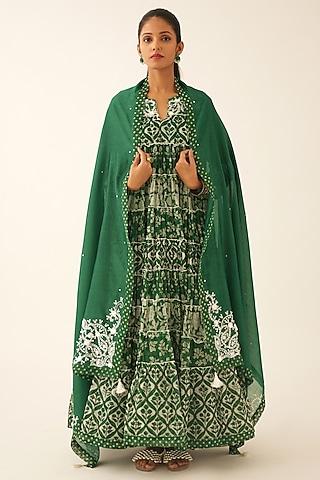 green cotton chanderi printed tiered kurta set