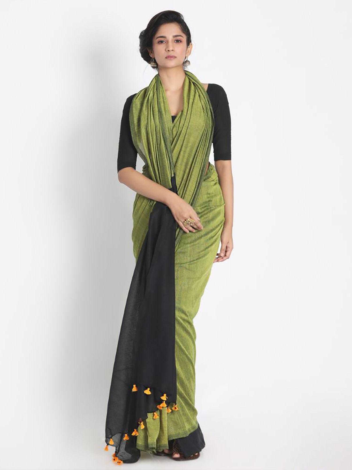 green cotton colorblock handloom saree with unstitched blouse