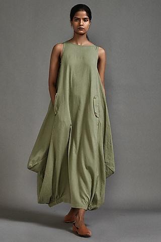 green cotton cowl maxi dress