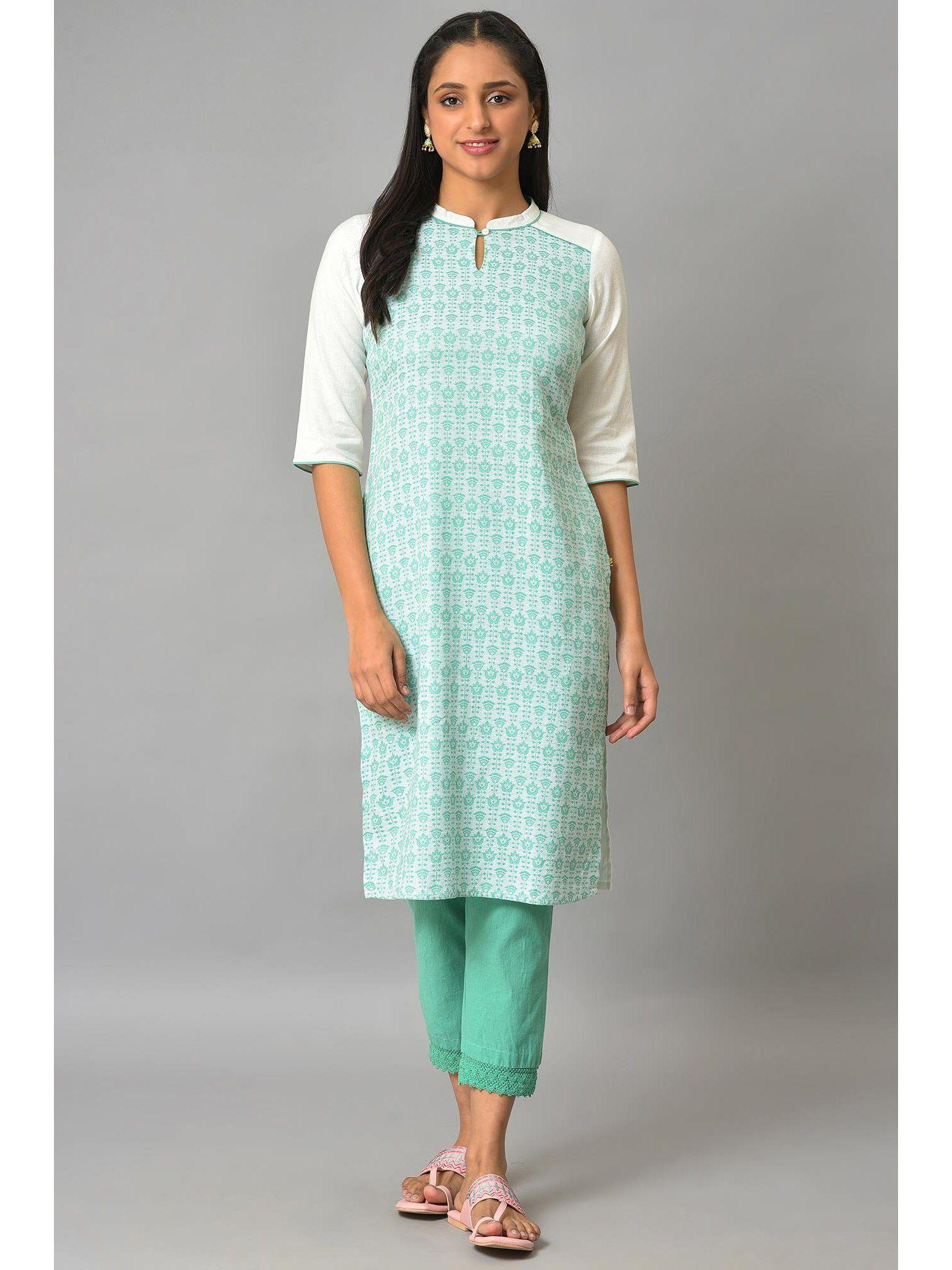 green cotton dobby printed kurta