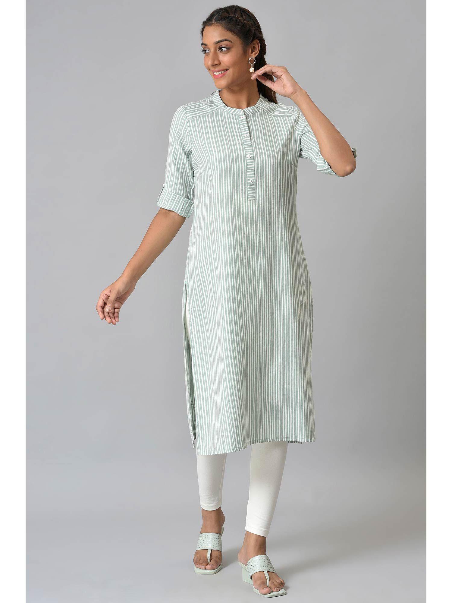 green cotton dobby satin kurta in stripe print