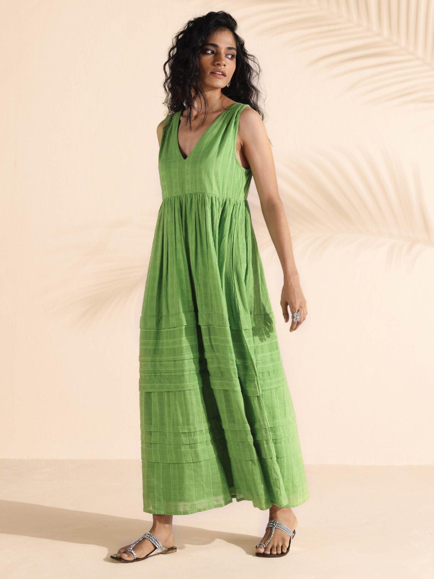 green cotton dobby yoke dress