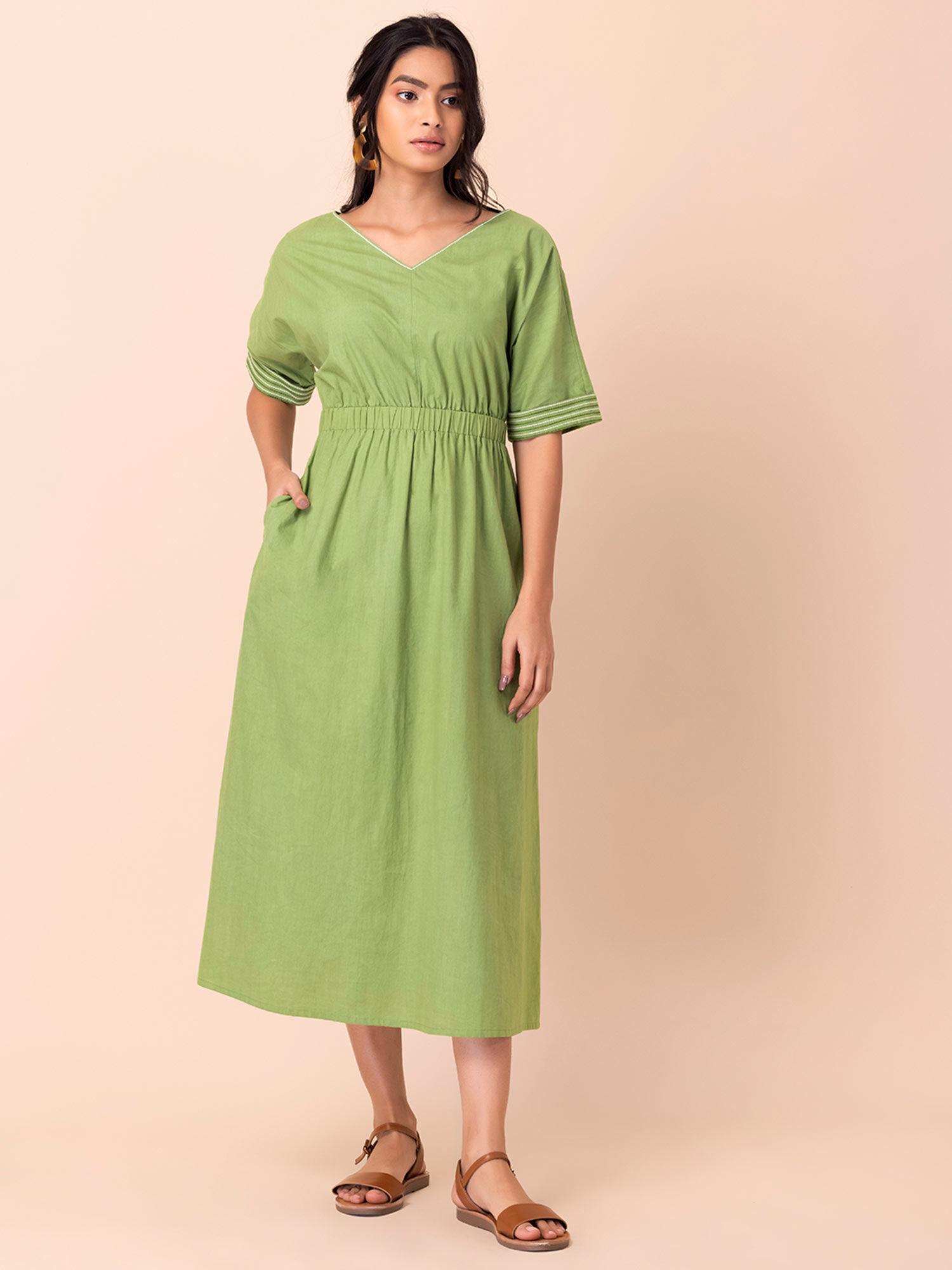 green cotton elasticated midi dress