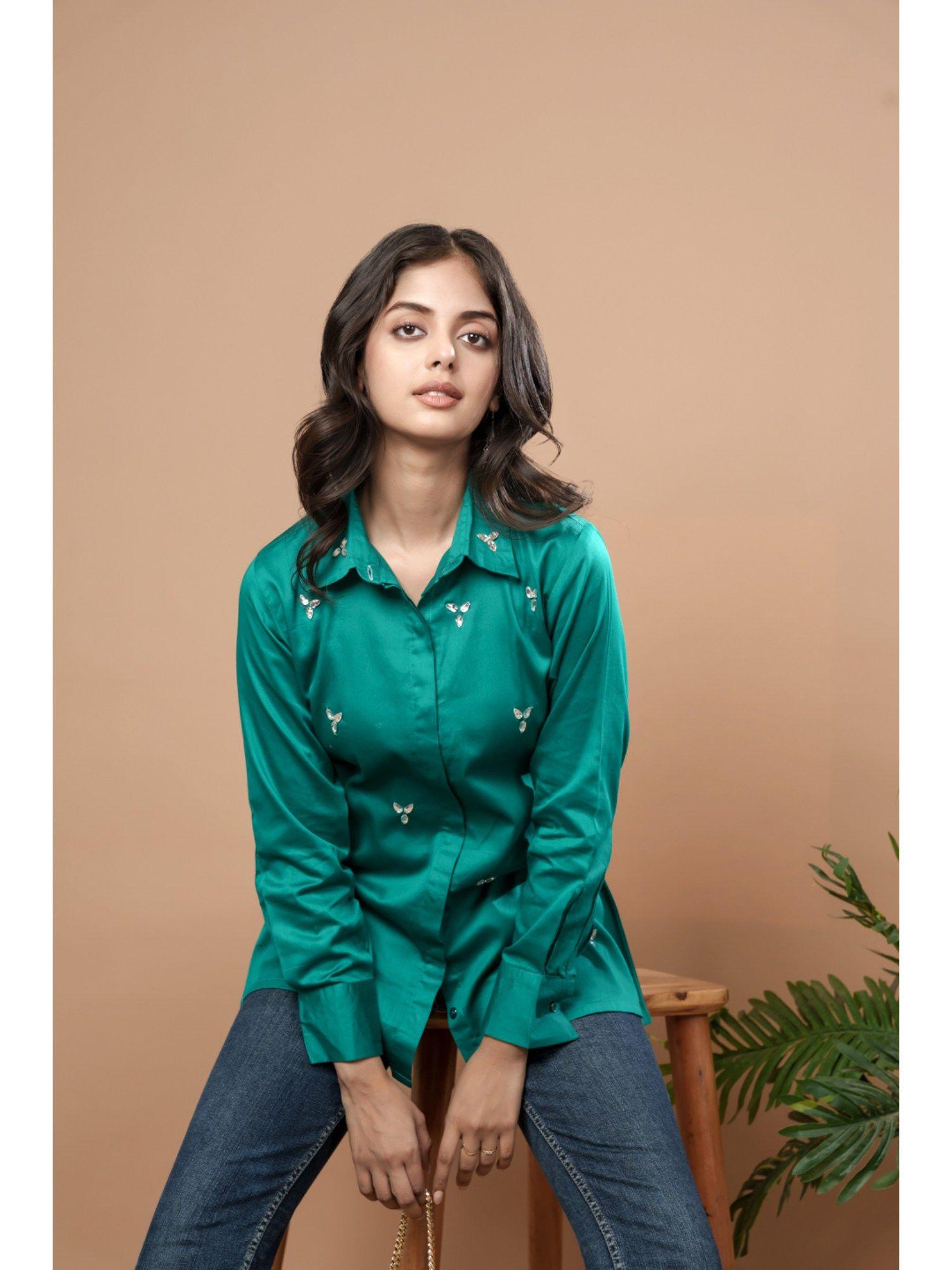 green cotton embellished shirt