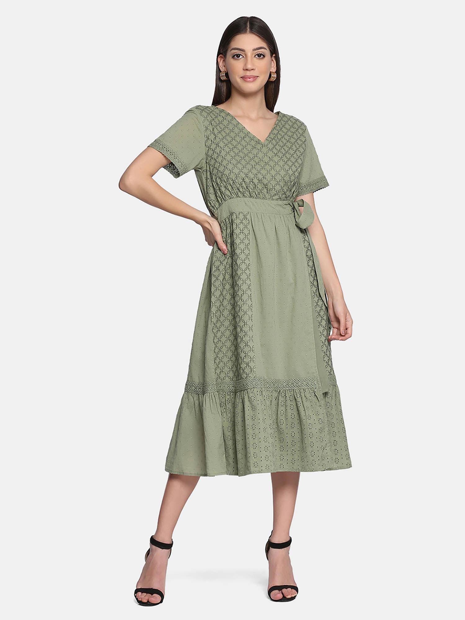 green cotton embroidered casual dress for women (set of 2)