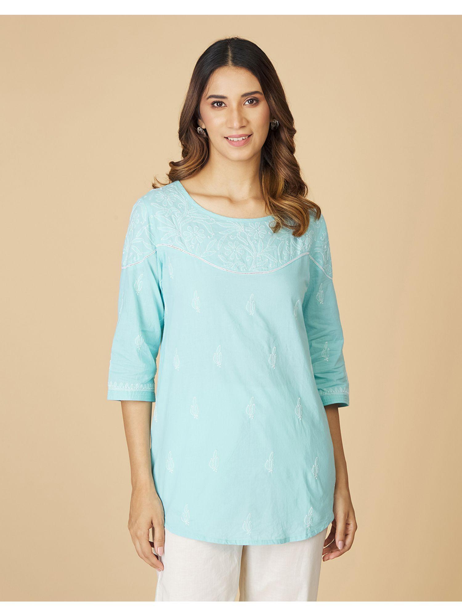 green cotton embroidered chikankari tunic