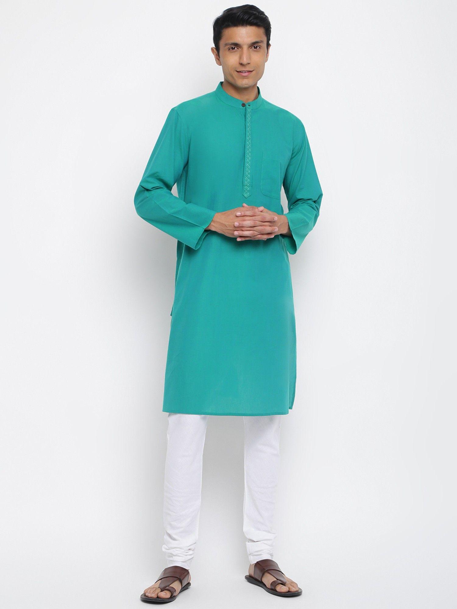 green cotton embroidered long kurta