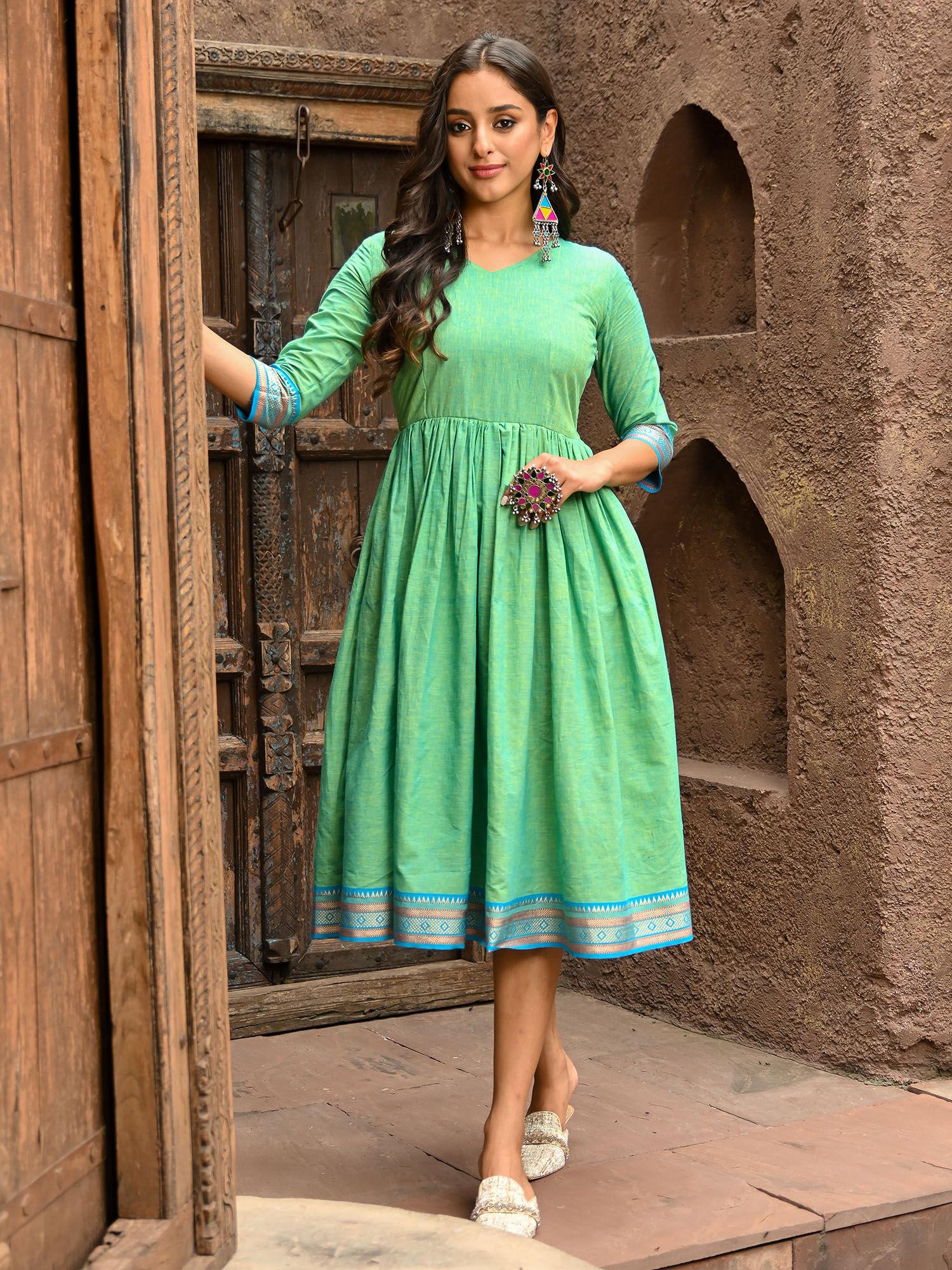 green cotton fit and flare dress