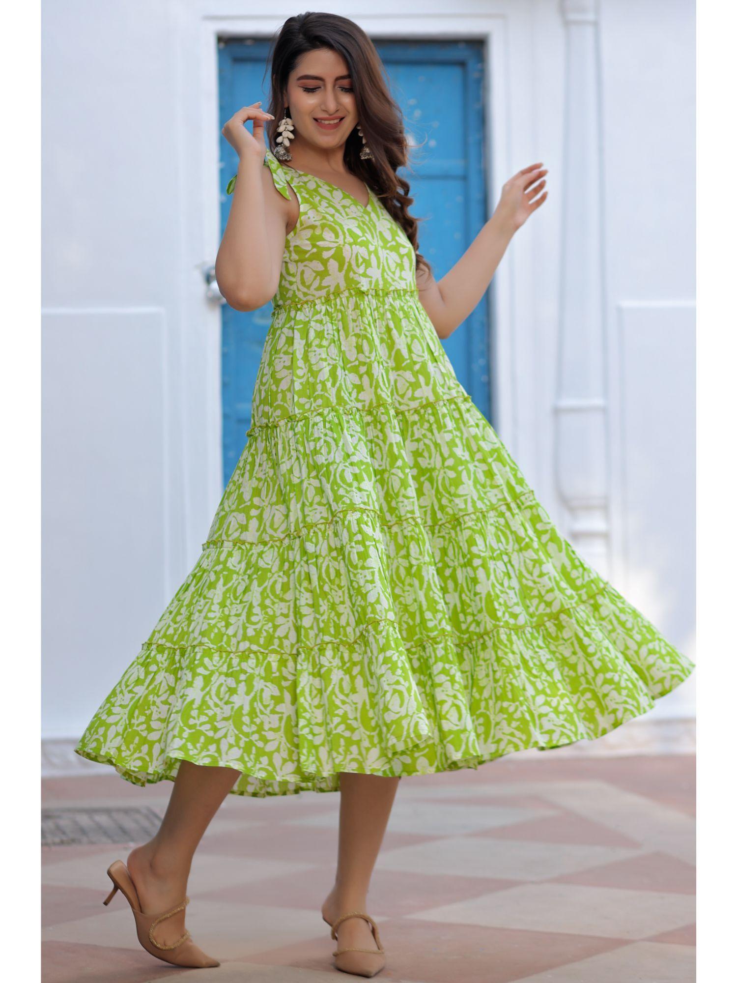 green cotton flared v-neck dress