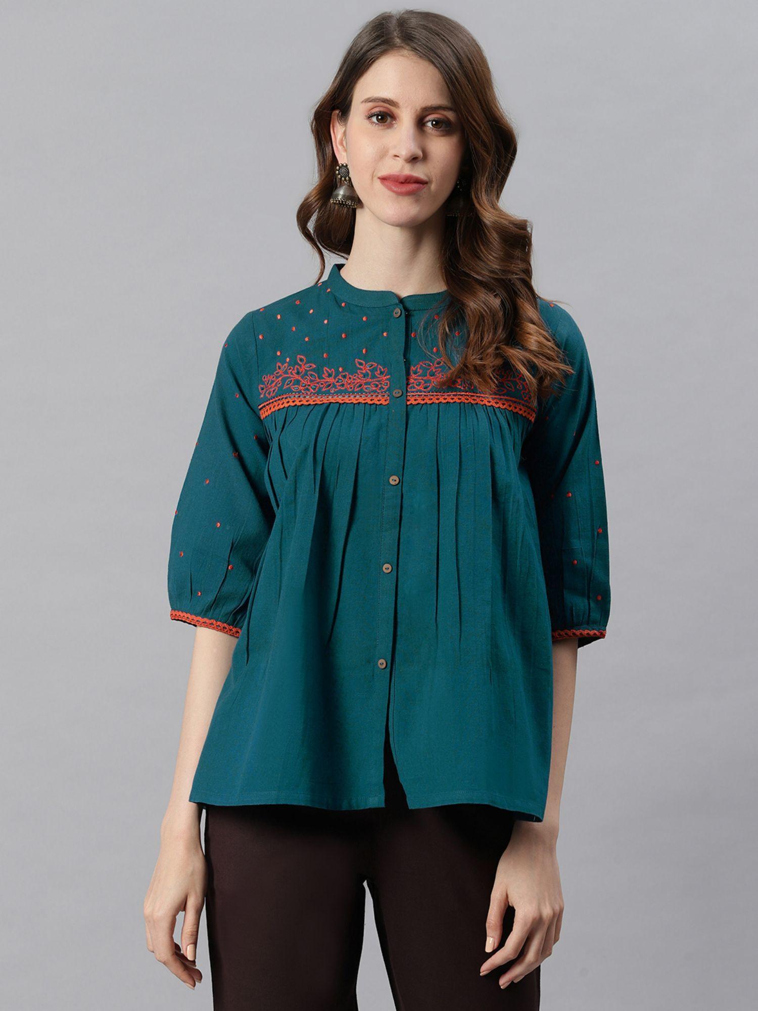 green cotton flex embroidered regular top