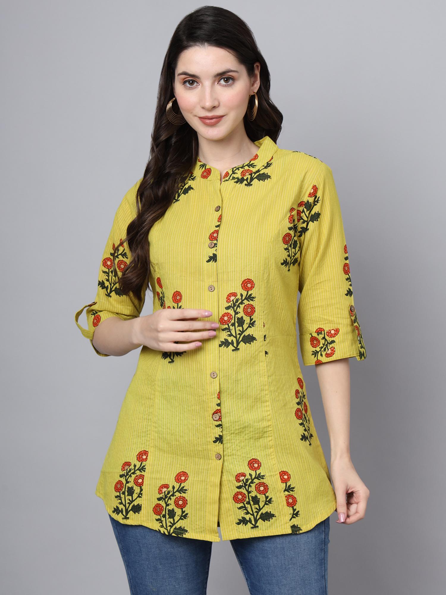 green cotton floral print shirt style top