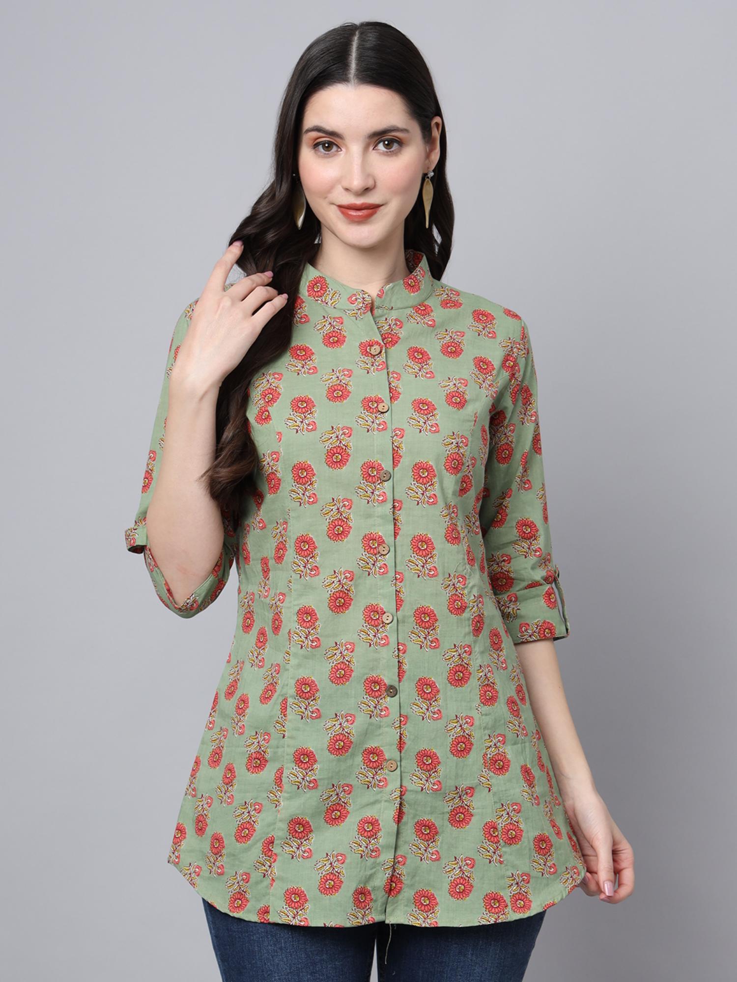 green cotton floral print shirt style top