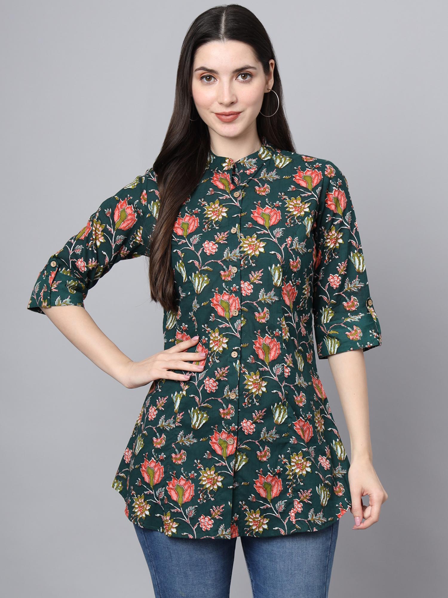 green cotton floral print shirt style top