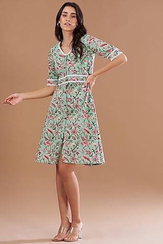 green cotton floral printed dress
