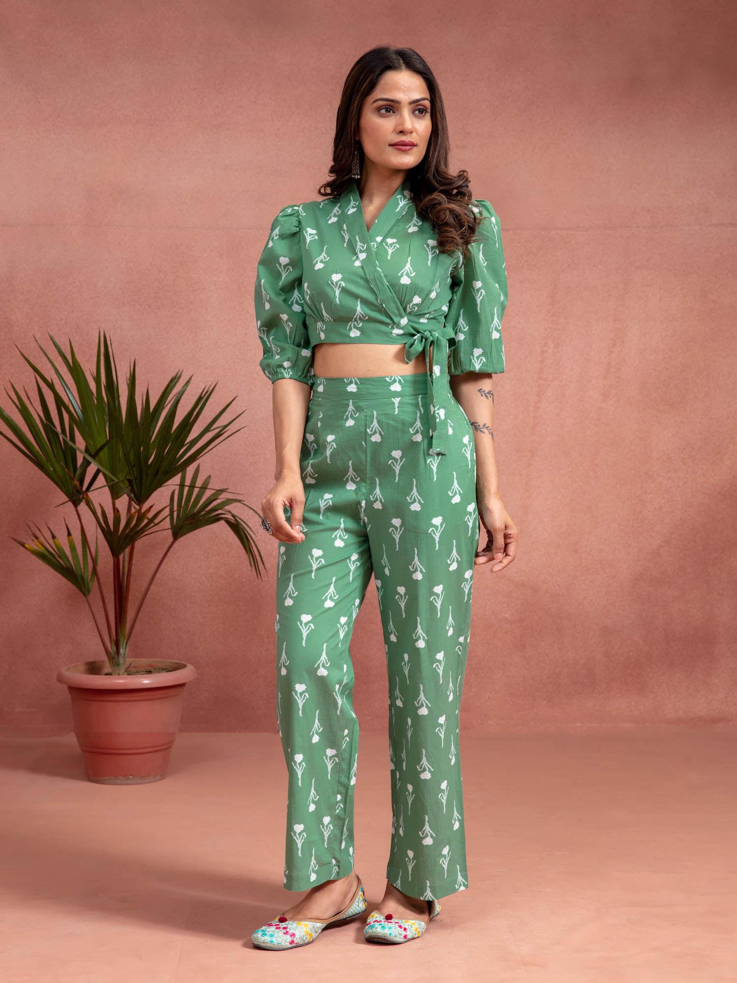 green cotton floral printed wrap top co-ord (set of 2)