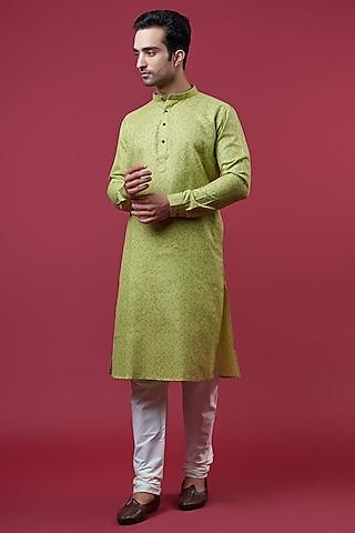 green cotton foil printed kurta set