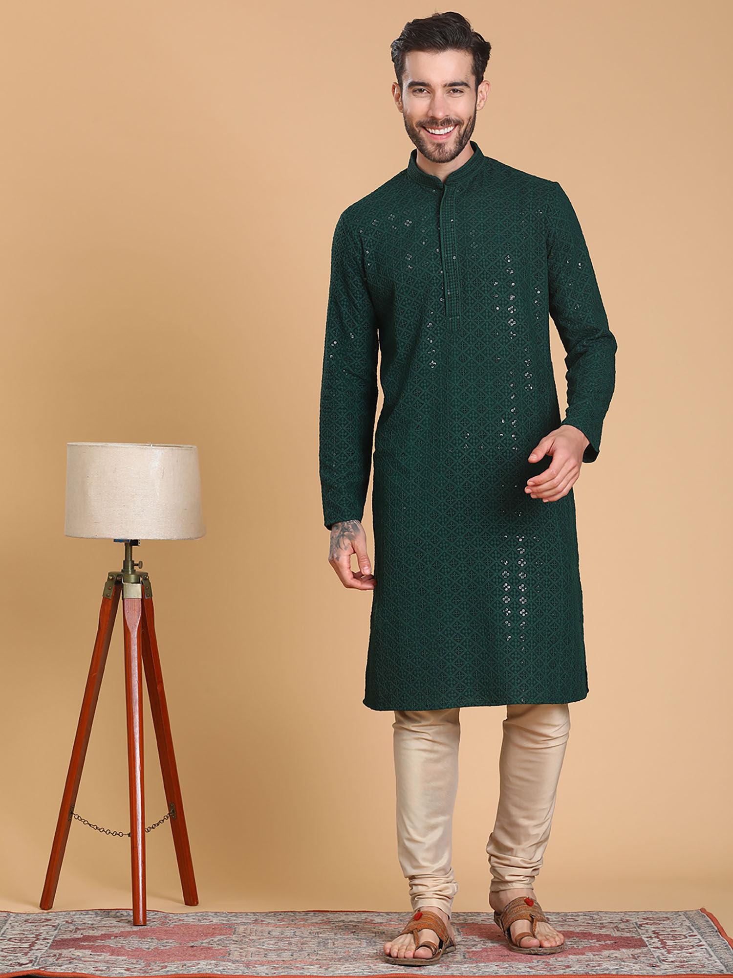green cotton full sleeve regular fit kurta for men