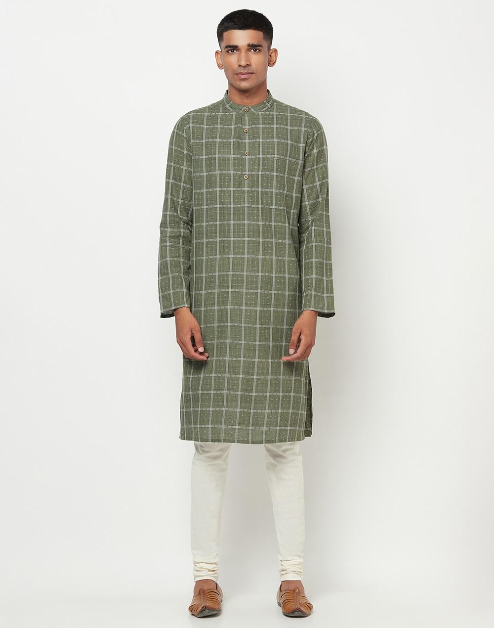 green cotton geometric long kurta