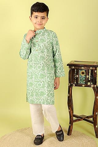 green cotton hand block printed kurta set for boys