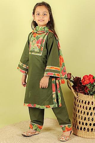 green cotton hand block printed kurta set for girls