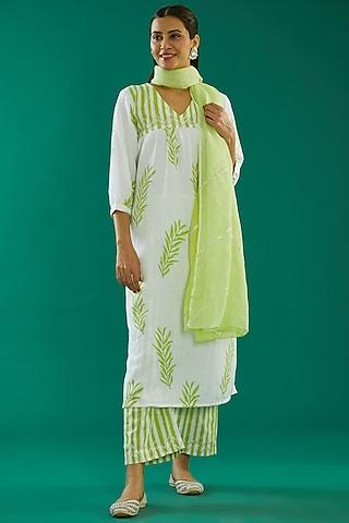 green cotton hand block printed kurta set