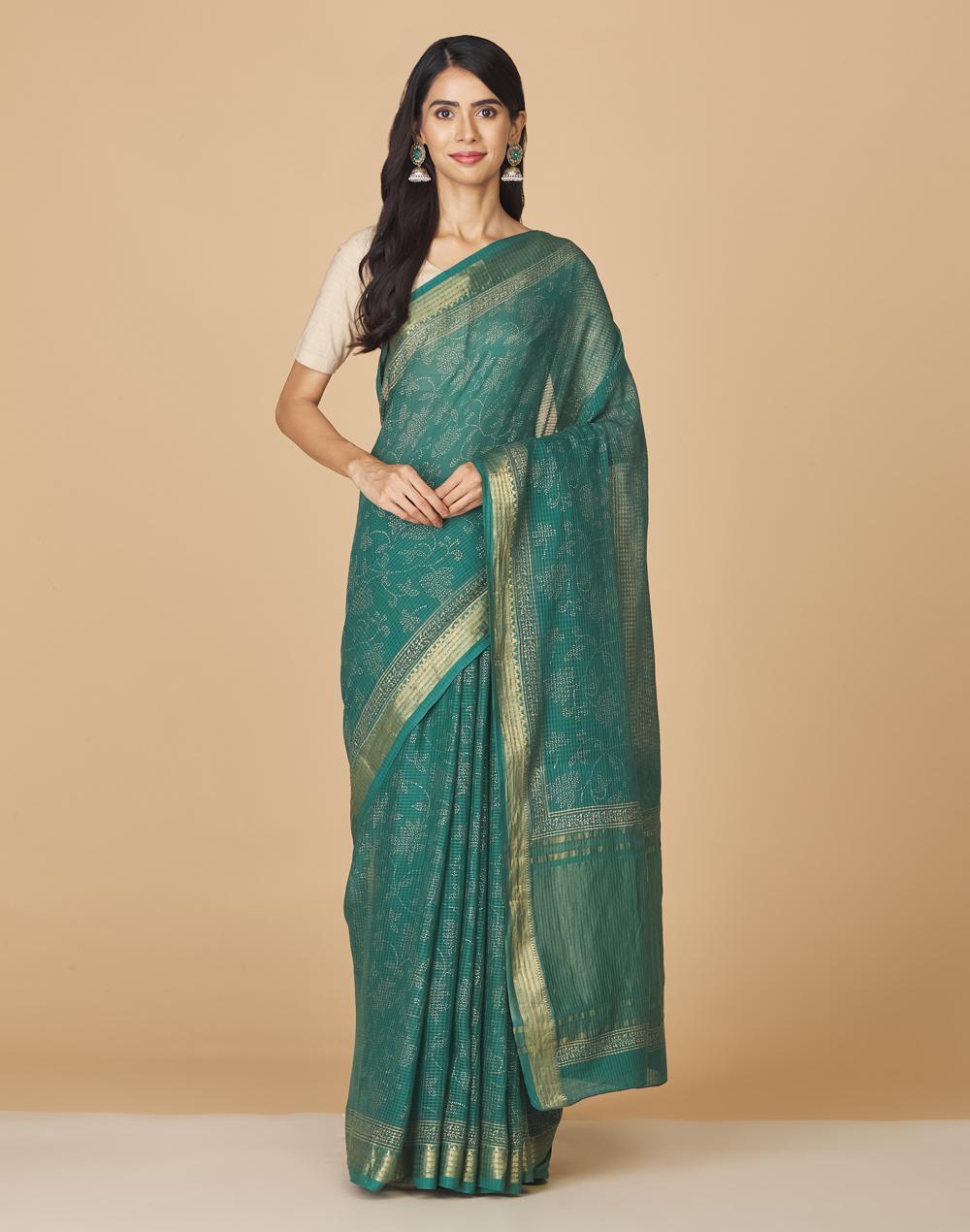 green cotton hand block printed sari