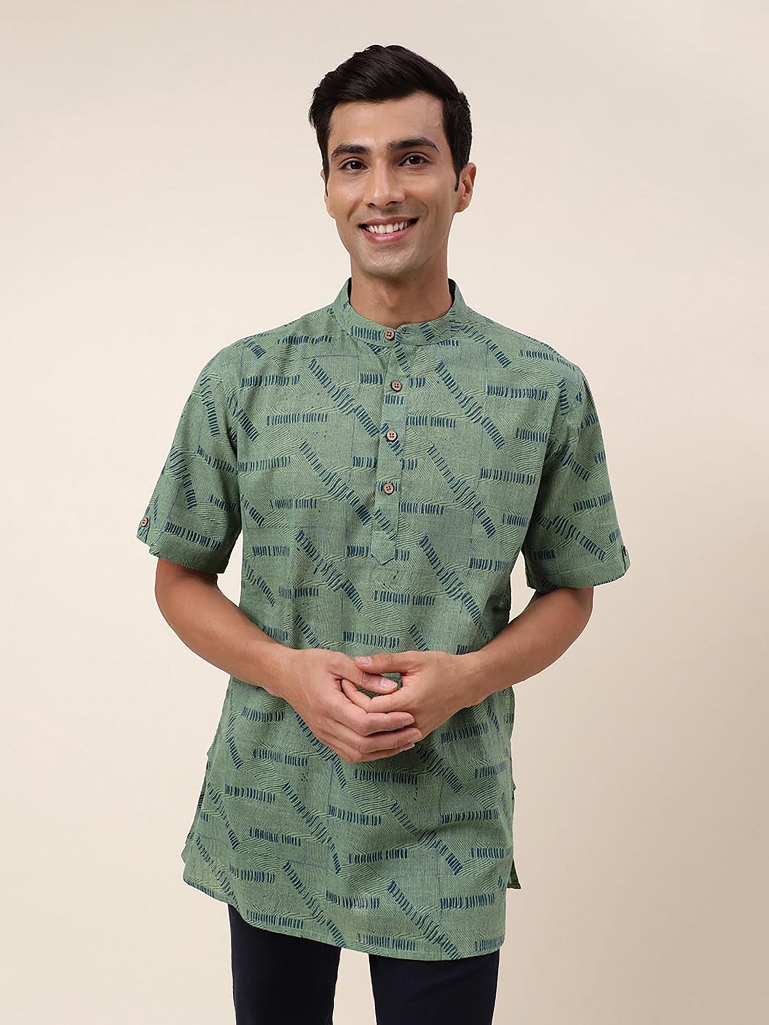 green cotton hand block printed short kurta