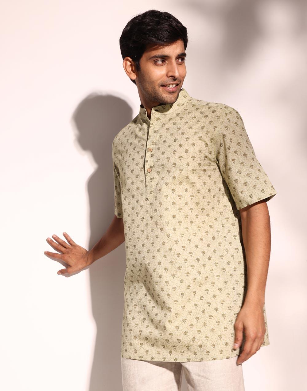 green cotton hand block printed short kurta