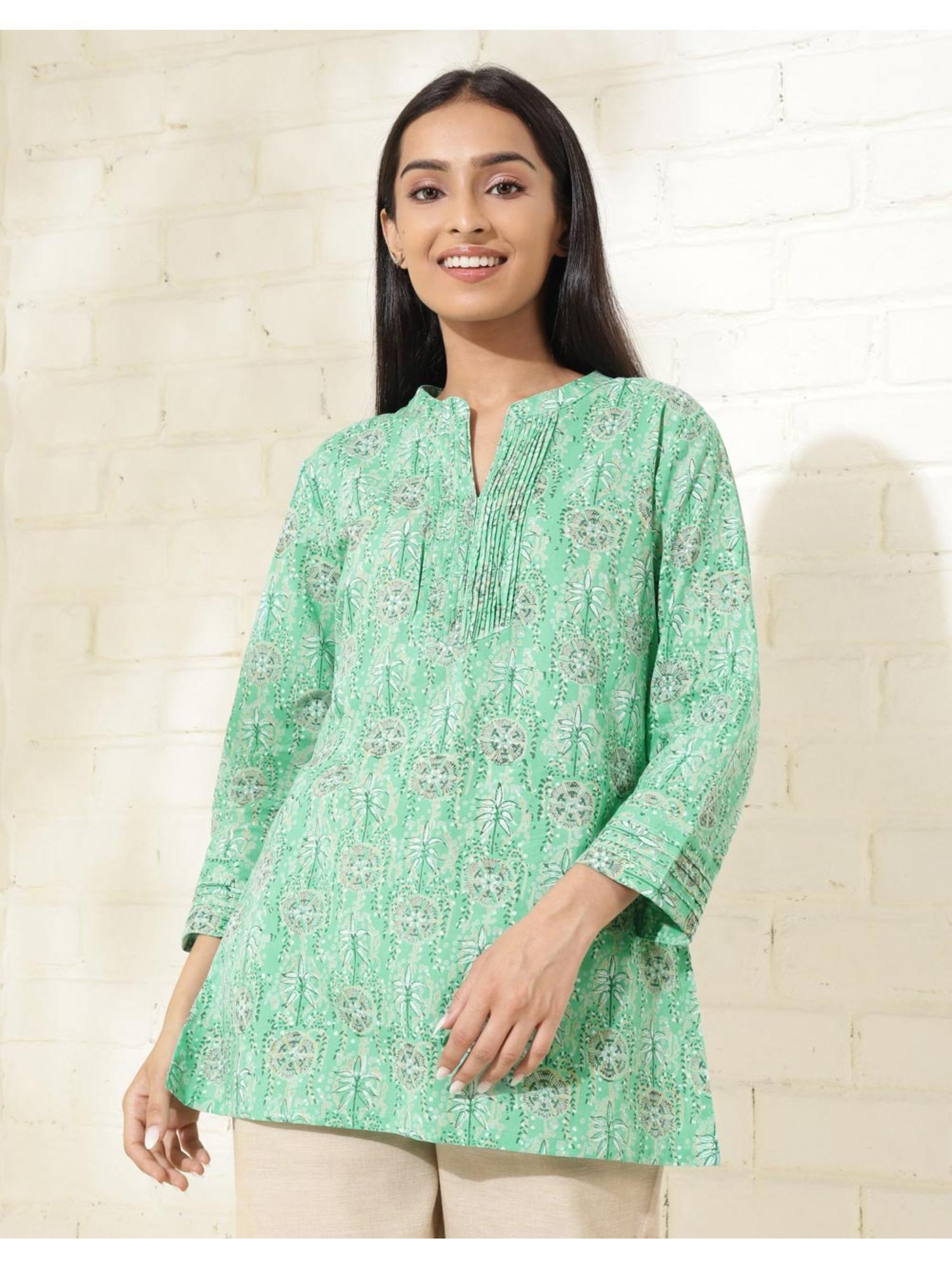 green cotton hand block printed short kurti