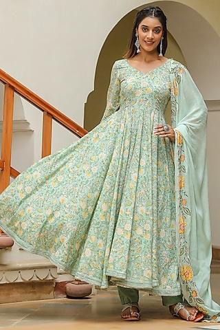 green cotton hand embroidered anarkali set