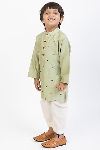 green cotton hand embroidered kurta set for boys