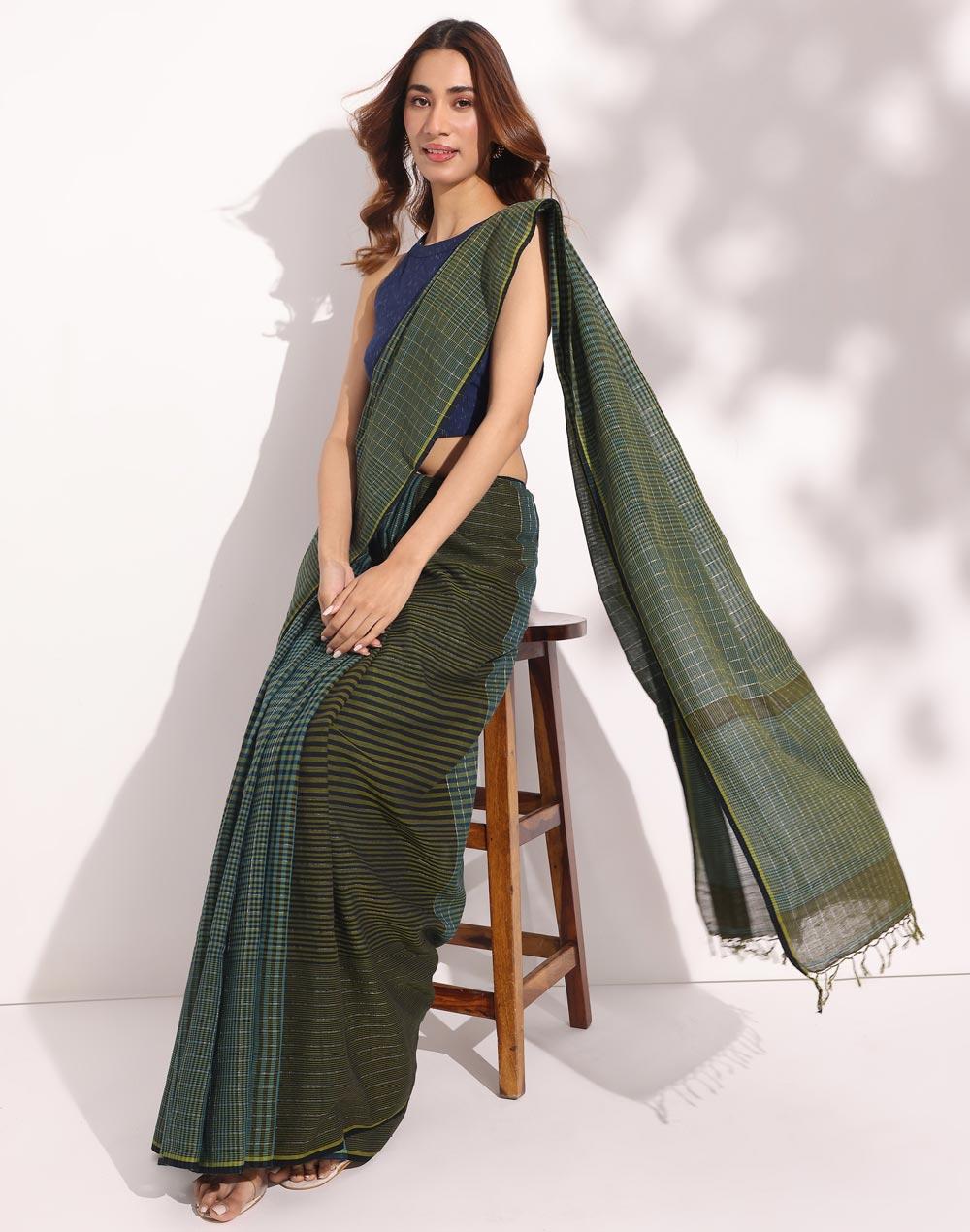 green cotton hand woven sari