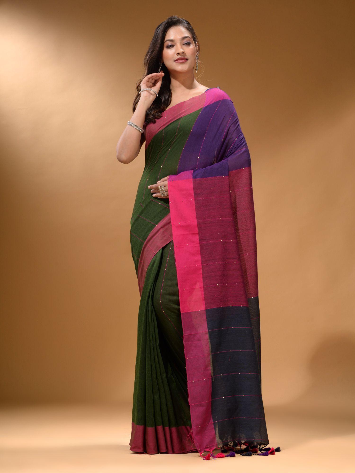 green cotton handspun soft saree with unstitched blouse