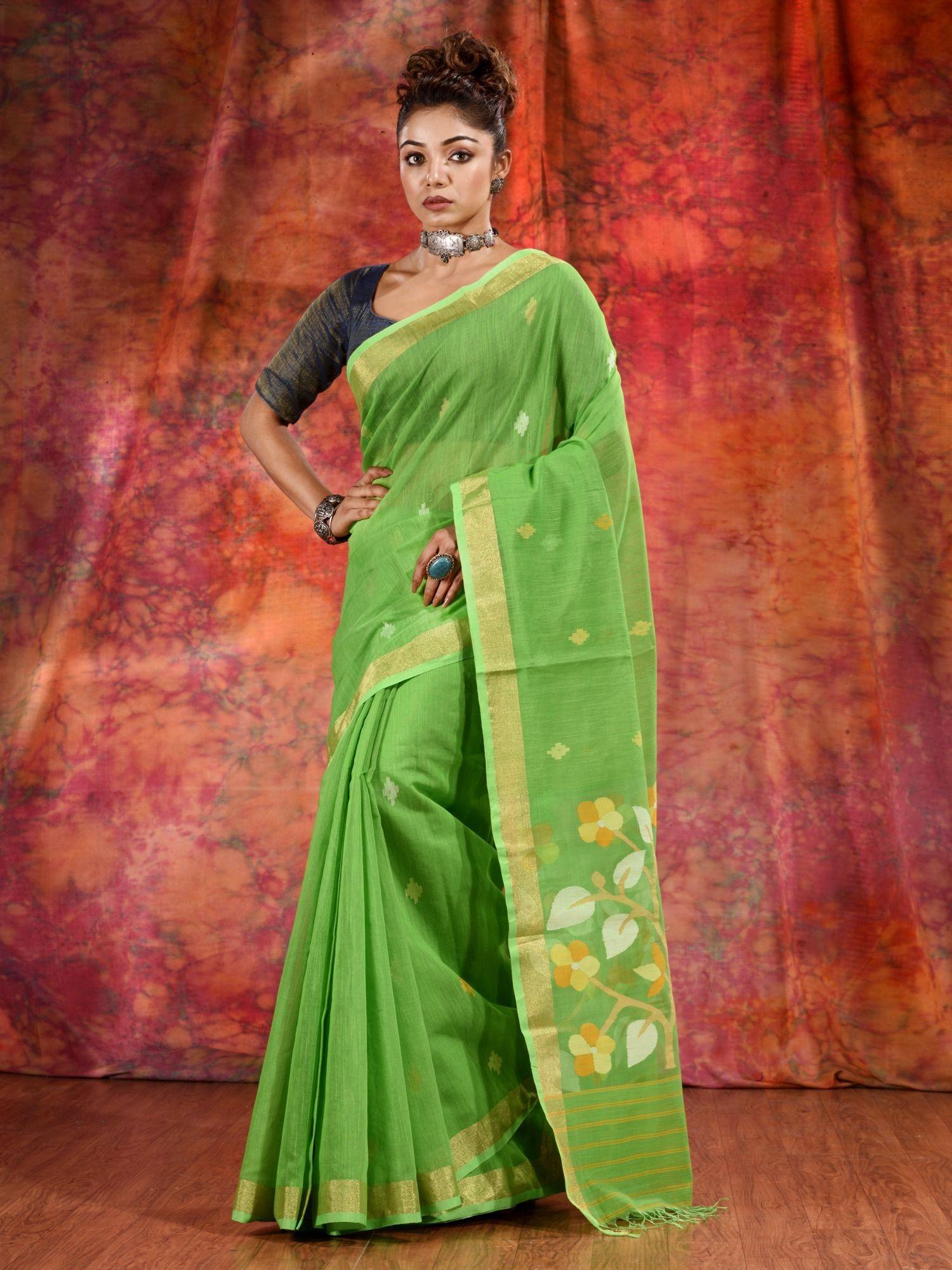 green cotton handwoven saree with resham pallu and unstitched blouse