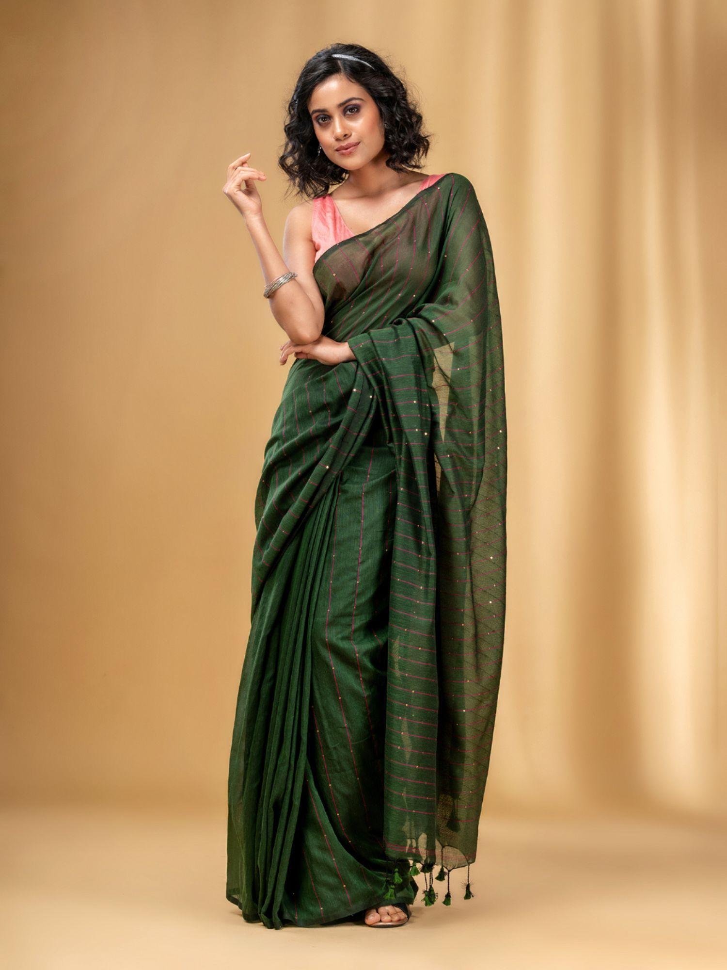 green cotton handwoven soft saree with sequin work with unstitched blouse